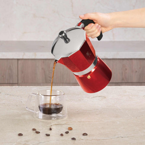 Product image of Coffee maker 9cups. Part of the Metallic Line Burgundy Edition . Features: • Material: aluminum • Capacity: 9 cups, 450 ml • Color: burgundy. (Studio view). Official Berlinger Haus product, boosted by Promintra sl.