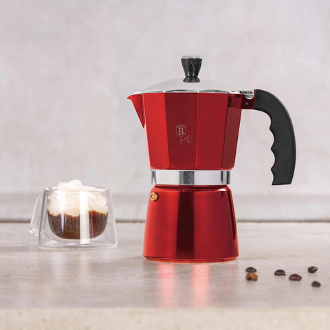 Product image of Coffee maker 9cups. Part of the Metallic Line Burgundy Edition . Features: • Material: aluminum • Capacity: 9 cups, 450 ml • Color: burgundy. (Studio view). Official Berlinger Haus product, boosted by Promintra sl.