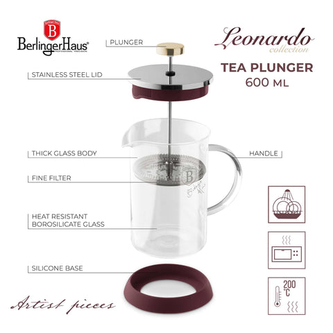 BH/8584, Cafetera de émbolo para café y té de 600 ml, Burdeos mate, cafetera de émbolo para café y té, cafetera de émbolo para café y té, prensa francesa, electrodomésticos de cocina, cafetera