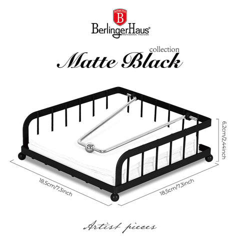 Product image of Napkin holder. Part of the Black Vantage Collection/Matte Black Collection/Black Silver Collection . Features: • Material: iron • Size: 18,5*18,5*6,2 cm • Color: matt black. (Conceptual view). Official Berlinger Haus product, boosted by Promintra sl.