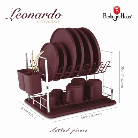 Product image of Dish rack. Part of the Leonardo Collection . Features: • Material: plastic, iron • Size: 48*32*29 cm • Color: matt bordeaux. (Conceptual view). Official Berlinger Haus product, boosted by Promintra sl.
