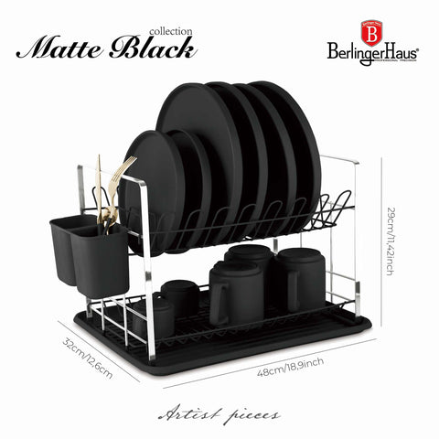 Product image of Dish rack. Part of the Black Vantage Collection/Matte Black Collection/Black Silver Collection . Features: • Material: plastic, iron • Size: 48*32*29 cm • Color: matt black. (Studio view). Official Berlinger Haus product, boosted by Promintra sl.