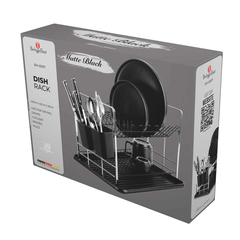 Product image of Dish rack. Part of the Black Vantage Collection/Matte Black Collection/Black Silver Collection . Features: • Material: plastic, iron • Size: 48*32*29 cm • Color: matt black. (Studio view). Official Berlinger Haus product, boosted by Promintra sl.