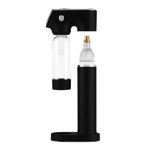 Product image of Soda maker with 2bottles and barometer universal CO2cylinders size. Part of the Black Vantage Collection/Matte Black Collection/Black Silver Collection . Features: • Material: stainless steel, pp • Size: 43,5*22*12 cm • 2 pcs pp bottle with cup: 1,0L and 0,5L • Universal, standard CO2 cylinders size (not inclu.... (Studio view). Official Berlinger Haus product, boosted by Promintra sl.