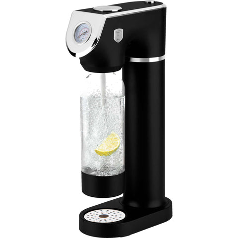 Product image of Soda maker with 2bottles and barometer universal CO2cylinders size. Part of the Black Vantage Collection/Matte Black Collection/Black Silver Collection . Features: • Material: stainless steel, pp • Size: 43,5*22*12 cm • 2 pcs pp bottle with cup: 1,0L and 0,5L • Universal, standard CO2 cylinders size (not inclu.... (Studio view). Official Berlinger Haus product, boosted by Promintra sl.