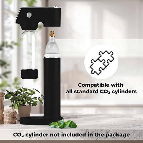 Product image of Soda maker with 2bottles and barometer universal CO2cylinders size. Part of the Black Vantage Collection/Matte Black Collection/Black Silver Collection . Features: • Material: stainless steel, pp • Size: 43,5*22*12 cm • 2 pcs pp bottle with cup: 1,0L and 0,5L • Universal, standard CO2 cylinders size (not inclu.... (Studio view). Official Berlinger Haus product, boosted by Promintra sl.