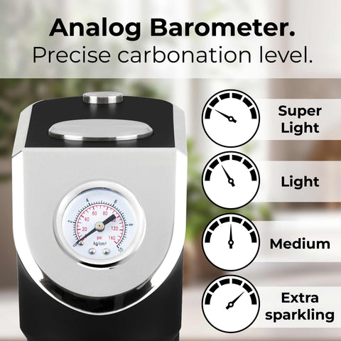 Product image of Soda maker with 2bottles and barometer universal CO2cylinders size. Part of the Black Vantage Collection/Matte Black Collection/Black Silver Collection . Features: • Material: stainless steel, pp • Size: 43,5*22*12 cm • 2 pcs pp bottle with cup: 1,0L and 0,5L • Universal, standard CO2 cylinders size (not inclu.... (Studio view). Official Berlinger Haus product, boosted by Promintra sl.