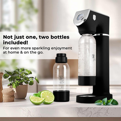 Product image of Soda maker with 2bottles and barometer universal CO2cylinders size. Part of the Black Vantage Collection/Matte Black Collection/Black Silver Collection . Features: • Material: stainless steel, pp • Size: 43,5*22*12 cm • 2 pcs pp bottle with cup: 1,0L and 0,5L • Universal, standard CO2 cylinders size (not inclu.... (Studio view). Official Berlinger Haus product, boosted by Promintra sl.