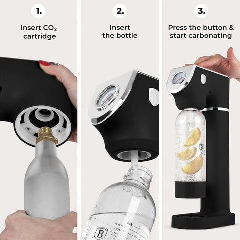 Product image of Soda maker with 2bottles and barometer universal CO2cylinders size. Part of the Black Vantage Collection/Matte Black Collection/Black Silver Collection . Features: • Material: stainless steel, pp • Size: 43,5*22*12 cm • 2 pcs pp bottle with cup: 1,0L and 0,5L • Universal, standard CO2 cylinders size (not inclu.... (Studio view). Official Berlinger Haus product, boosted by Promintra sl.