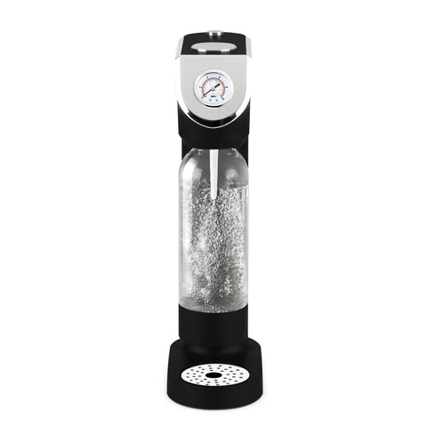 Product image of Soda maker with 2bottles and barometer universal CO2cylinders size. Part of the Black Vantage Collection/Matte Black Collection/Black Silver Collection . Features: • Material: stainless steel, pp • Size: 43,5*22*12 cm • 2 pcs pp bottle with cup: 1,0L and 0,5L • Universal, standard CO2 cylinders size (not inclu.... (Studio view). Official Berlinger Haus product, boosted by Promintra sl.