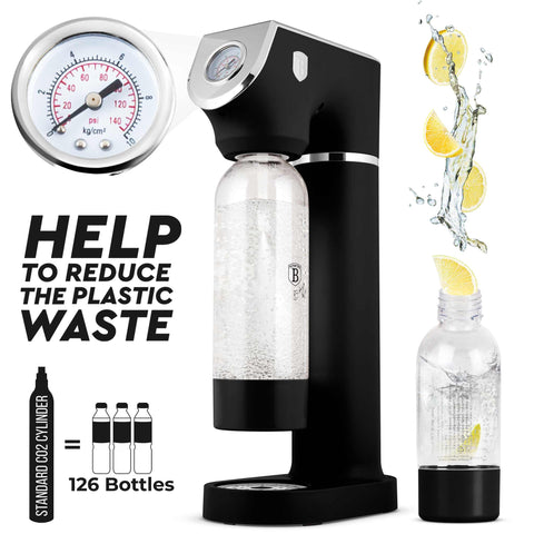 Product image of Soda maker with 2bottles and barometer universal CO2cylinders size. Part of the Black Vantage Collection/Matte Black Collection/Black Silver Collection . Features: • Material: stainless steel, pp • Size: 43,5*22*12 cm • 2 pcs pp bottle with cup: 1,0L and 0,5L • Universal, standard CO2 cylinders size (not inclu.... (Studio view). Official Berlinger Haus product, boosted by Promintra sl.