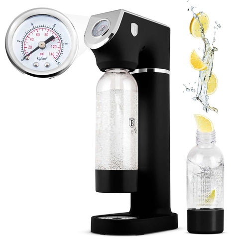 Product image of Soda maker with 2bottles and barometer universal CO2cylinders size. Part of the Black Vantage Collection/Matte Black Collection/Black Silver Collection . Features: • Material: stainless steel, pp • Size: 43,5*22*12 cm • 2 pcs pp bottle with cup: 1,0L and 0,5L • Universal, standard CO2 cylinders size (not inclu.... (Studio view). Official Berlinger Haus product, boosted by Promintra sl.