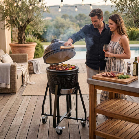 Product image of Compact Kamado grill. Part of the outdoor . Features: • Material: ceramic, stainless steel • Thermometer in the top (lid) • Accessories, features: • Sectional firebox • Heat deflector • Plate setter • .... (Studio view). Official Berlinger Haus product, boosted by Promintra sl.