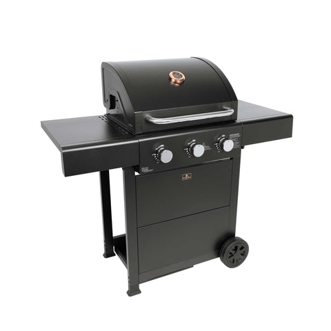 Product image of Outdoor gas barbecue grill 3burners. Part of the outdoor . Features: • XL SIZE: Cooking area: 50*41,5 cm • Main burners: 2,2 KW*3 • Thermometer in the top (lid) • Cold roll steel lid, side and front panels, control p.... (Studio view). Official Berlinger Haus product, boosted by Promintra sl.