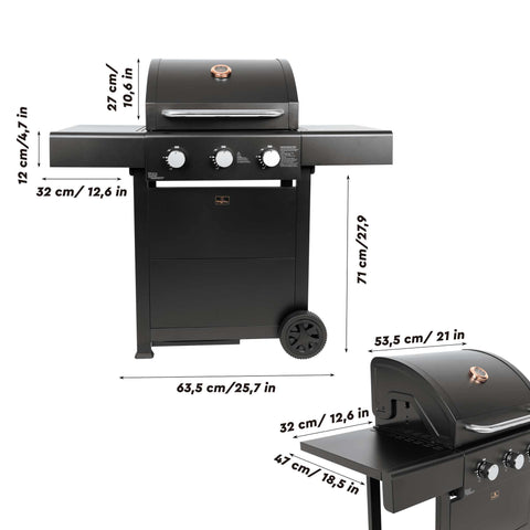 Product image of Outdoor gas barbecue grill 3burners. Part of the outdoor . Features: • XL SIZE: Cooking area: 50*41,5 cm • Main burners: 2,2 KW*3 • Thermometer in the top (lid) • Cold roll steel lid, side and front panels, control p.... (Studio view). Official Berlinger Haus product, boosted by Promintra sl.