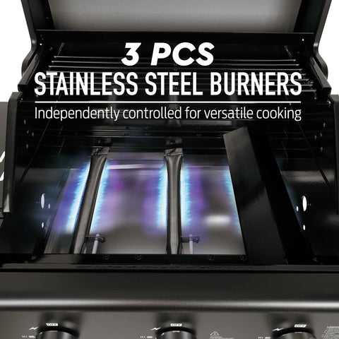 Product image of Outdoor gas barbecue grill 3burners. Part of the outdoor . Features: • XL SIZE: Cooking area: 50*41,5 cm • Main burners: 2,2 KW*3 • Thermometer in the top (lid) • Cold roll steel lid, side and front panels, control p.... (Studio view). Official Berlinger Haus product, boosted by Promintra sl.