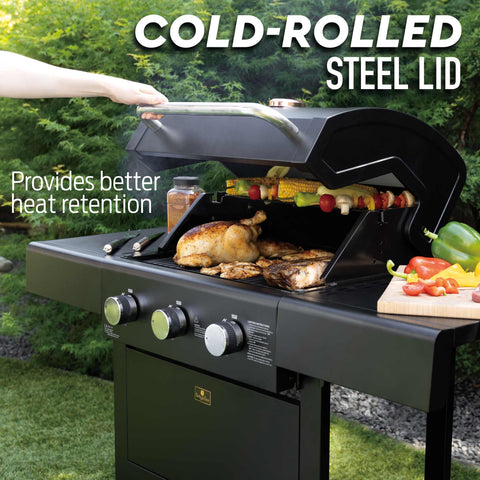 Product image of Outdoor gas barbecue grill 3burners. Part of the outdoor . Features: • XL SIZE: Cooking area: 50*41,5 cm • Main burners: 2,2 KW*3 • Thermometer in the top (lid) • Cold roll steel lid, side and front panels, control p.... (Studio view). Official Berlinger Haus product, boosted by Promintra sl.