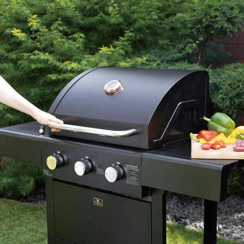 Product image of Outdoor gas barbecue grill 3burners. Part of the outdoor . Features: • XL SIZE: Cooking area: 50*41,5 cm • Main burners: 2,2 KW*3 • Thermometer in the top (lid) • Cold roll steel lid, side and front panels, control p.... (Studio view). Official Berlinger Haus product, boosted by Promintra sl.