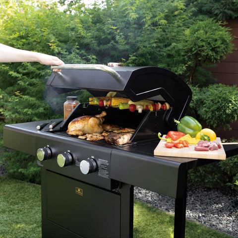 Product image of Outdoor gas barbecue grill 3burners. Part of the outdoor . Features: • XL SIZE: Cooking area: 50*41,5 cm • Main burners: 2,2 KW*3 • Thermometer in the top (lid) • Cold roll steel lid, side and front panels, control p.... (Studio view). Official Berlinger Haus product, boosted by Promintra sl.