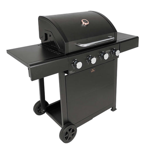 Product image of Outdoor gas barbecue grill 4burners. Part of the outdoor . Features: • XXL SIZE: Cooking area: 60*41,5 cm • Main burners: 2,2 KW*4 • Thermometer in the top (lid) • Cold roll steel lid, side and front panels, control .... (Studio view). Official Berlinger Haus product, boosted by Promintra sl.