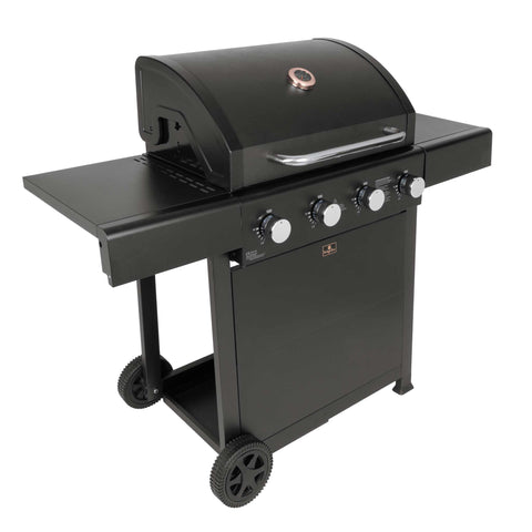 Product image of Outdoor gas barbecue grill 4burners. Part of the outdoor . Features: • XXL SIZE: Cooking area: 60*41,5 cm • Main burners: 2,2 KW*4 • Thermometer in the top (lid) • Cold roll steel lid, side and front panels, control .... (Studio view). Official Berlinger Haus product, boosted by Promintra sl.