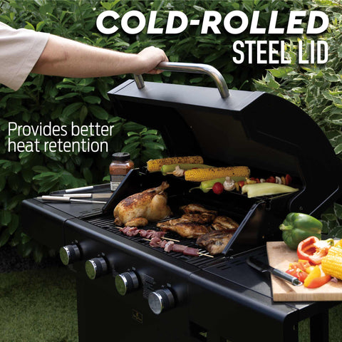 Product image of Outdoor gas barbecue grill 4burners. Part of the outdoor . Features: • XXL SIZE: Cooking area: 60*41,5 cm • Main burners: 2,2 KW*4 • Thermometer in the top (lid) • Cold roll steel lid, side and front panels, control .... (Studio view). Official Berlinger Haus product, boosted by Promintra sl.