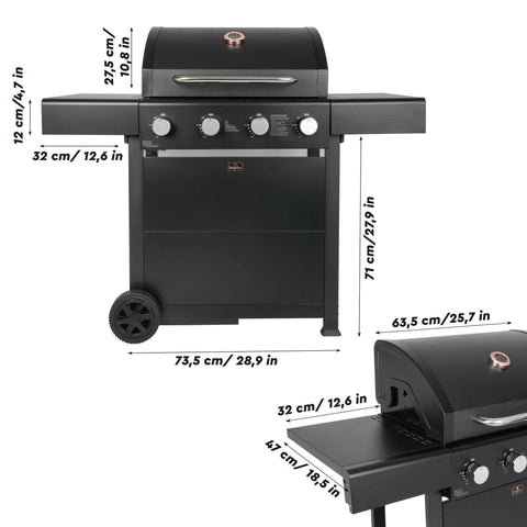 Product image of Outdoor gas barbecue grill 4burners. Part of the outdoor . Features: • XXL SIZE: Cooking area: 60*41,5 cm • Main burners: 2,2 KW*4 • Thermometer in the top (lid) • Cold roll steel lid, side and front panels, control .... (Studio view). Official Berlinger Haus product, boosted by Promintra sl.