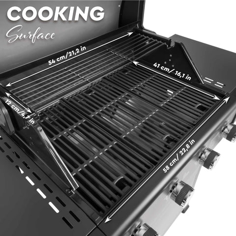 Product image of Outdoor gas barbecue grill 4burners. Part of the outdoor . Features: • XXL SIZE: Cooking area: 60*41,5 cm • Main burners: 2,2 KW*4 • Thermometer in the top (lid) • Cold roll steel lid, side and front panels, control .... (Studio view). Official Berlinger Haus product, boosted by Promintra sl.