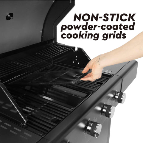 Product image of Outdoor gas barbecue grill 4burners. Part of the outdoor . Features: • XXL SIZE: Cooking area: 60*41,5 cm • Main burners: 2,2 KW*4 • Thermometer in the top (lid) • Cold roll steel lid, side and front panels, control .... (Studio view). Official Berlinger Haus product, boosted by Promintra sl.