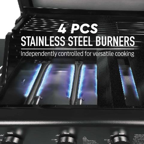 Product image of Outdoor gas barbecue grill 4burners. Part of the outdoor . Features: • XXL SIZE: Cooking area: 60*41,5 cm • Main burners: 2,2 KW*4 • Thermometer in the top (lid) • Cold roll steel lid, side and front panels, control .... (Studio view). Official Berlinger Haus product, boosted by Promintra sl.