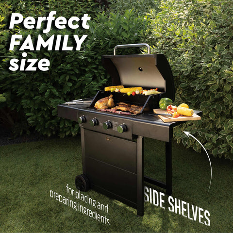 Product image of Outdoor gas barbecue grill 4burners. Part of the outdoor . Features: • XXL SIZE: Cooking area: 60*41,5 cm • Main burners: 2,2 KW*4 • Thermometer in the top (lid) • Cold roll steel lid, side and front panels, control .... (Studio view). Official Berlinger Haus product, boosted by Promintra sl.