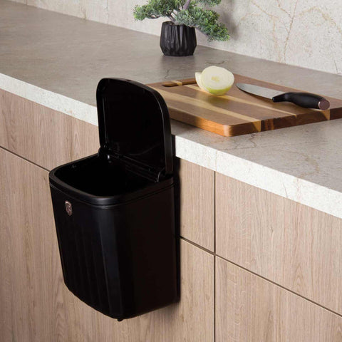 BH/8609, Cubo de basura colgante de 7 l, negro, oro rosa, cubo de basura, cubo de basura, polvo, Imagen tipo estilo de vida: detalles y funciones.
