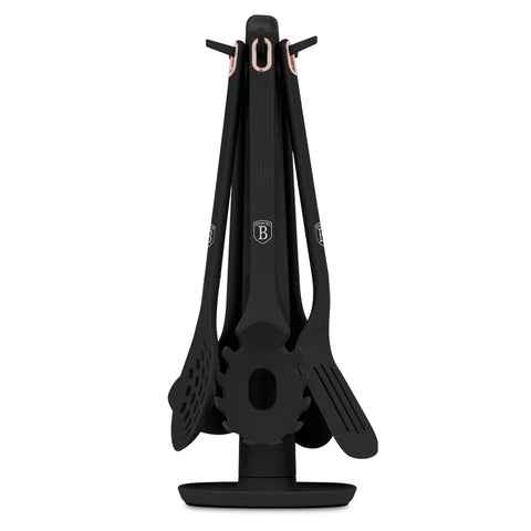 BH/8617, juego de herramientas de cocina de 6 piezas con soporte, negro, oro rosa, juego de herramientas de cocina de 6 piezas con soporte, juego de herramientas de cocina, herramientas de cocina, utensilios de cocina, utensilios de cocina, aparatos de cocina, cucharón para sopa, cuchara de cocina, espumadera, cucharón para espaguetis, espátula ranurada, soporte, juego de utensilios