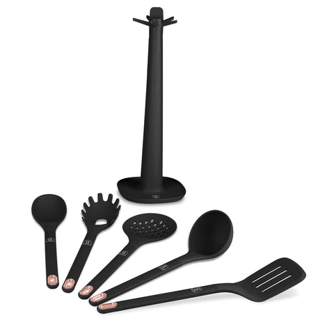 BH/8617, juego de herramientas de cocina de 6 piezas con soporte, negro, oro rosa, juego de herramientas de cocina de 6 piezas con soporte, juego de herramientas de cocina, herramientas de cocina, utensilios de cocina, utensilios de cocina, aparatos de cocina, cucharón para sopa, cuchara de cocina, espumadera, cucharón para espaguetis, espátula ranurada, soporte, juego de utensilios