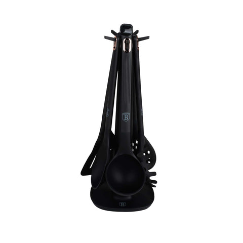 BH/8617, juego de herramientas de cocina de 6 piezas con soporte, negro, oro rosa, juego de herramientas de cocina de 6 piezas con soporte, juego de herramientas de cocina, herramientas de cocina, utensilios de cocina, utensilios de cocina, aparatos de cocina, cucharón para sopa, cuchara de cocina, espumadera, cucharón para espaguetis, espátula ranurada, soporte, juego de utensilios