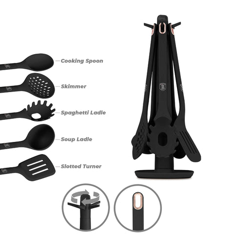 BH/8617, juego de herramientas de cocina de 6 piezas con soporte, negro, oro rosa, juego de herramientas de cocina de 6 piezas con soporte, juego de herramientas de cocina, herramientas de cocina, utensilios de cocina, utensilios de cocina, aparatos de cocina, cucharón para sopa, cuchara de cocina, espumadera, cucharón para espaguetis, espátula ranurada, soporte, juego de utensilios