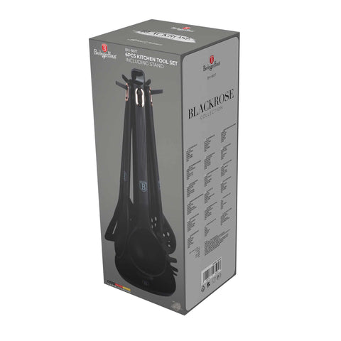 BH/8617, juego de herramientas de cocina de 6 piezas con soporte, negro, oro rosa, juego de herramientas de cocina de 6 piezas con soporte, juego de herramientas de cocina, herramientas de cocina, utensilios de cocina, utensilios de cocina, aparatos de cocina, cucharón para sopa, cuchara de cocina, espumadera, cucharón para espaguetis, espátula ranurada, soporte, juego de utensilios