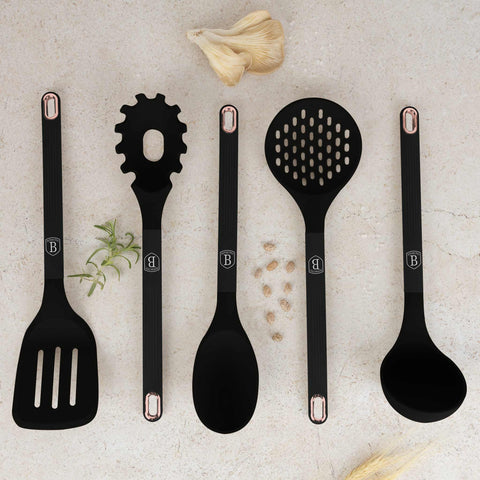 BH/8617, juego de herramientas de cocina de 6 piezas con soporte, negro, oro rosa, juego de herramientas de cocina de 6 piezas con soporte, juego de herramientas de cocina, herramientas de cocina, utensilios de cocina, utensilios de cocina, aparatos de cocina, cucharón para sopa, cuchara de cocina, espumadera, cucharón para espaguetis, espátula ranurada, soporte, juego de utensilios