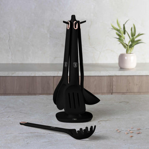 BH/8617, juego de herramientas de cocina de 6 piezas con soporte, negro, oro rosa, juego de herramientas de cocina de 6 piezas con soporte, juego de herramientas de cocina, herramientas de cocina, utensilios de cocina, utensilios de cocina, aparatos de cocina, cucharón para sopa, cuchara de cocina, espumadera, cucharón para espaguetis, espátula ranurada, soporte, juego de utensilios