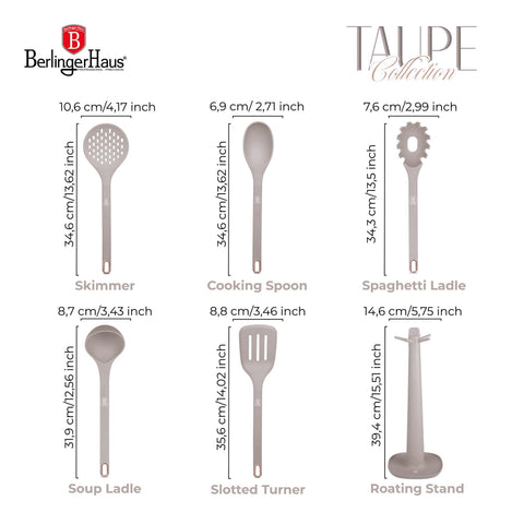  BH/8618, juego de herramientas de cocina de 6 piezas con soporte, gris topo mate, juego de herramientas de cocina de 6 piezas con soporte, juego de herramientas de cocina, herramientas de cocina, utensilios de cocina, utensilios de cocina, aparatos de cocina, cucharón para sopa, cuchara de cocina, espumadera, cucharón para espaguetis, espátula ranurada, soporte, juego de utensilios