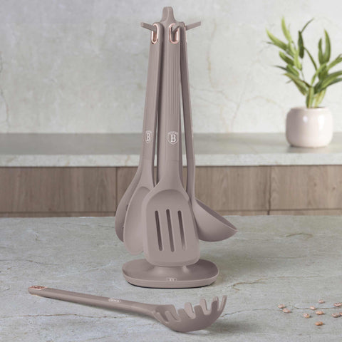  BH/8618, juego de herramientas de cocina de 6 piezas con soporte, gris topo mate, juego de herramientas de cocina de 6 piezas con soporte, juego de herramientas de cocina, herramientas de cocina, utensilios de cocina, utensilios de cocina, aparatos de cocina, cucharón para sopa, cuchara de cocina, espumadera, cucharón para espaguetis, espátula ranurada, soporte, juego de utensilios