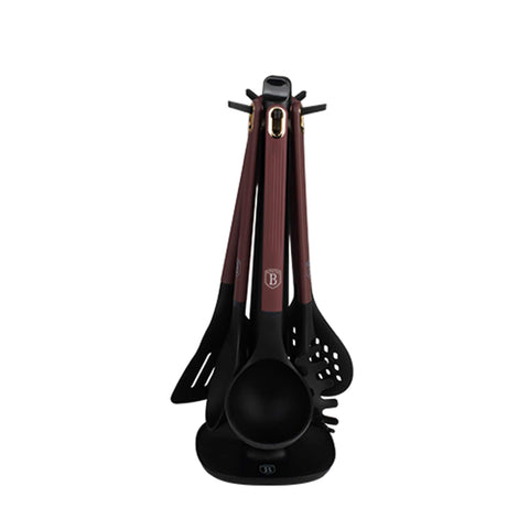 BH/8620, juego de utensilios de cocina de 6 piezas con soporte, burdeos mate, juego de utensilios de cocina de 6 piezas con soporte, juego de herramientas de cocina, herramientas de cocina, utensilios de cocina, utensilios de cocina, aparatos de cocina, cucharón para sopa, cuchara de cocina, espumadera, cucharón para espaguetis, espátula ranurada, soporte, juego de utensilios