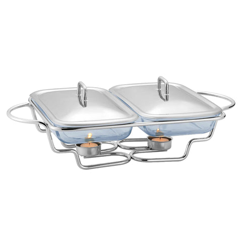 Product image of Food warmer rectlange 2x1,5L. Part of the Black Rose Collection . Features: • Material: stainless steel and SABINEX glass • Rose gold knob • Capacity: 2*1,5L. (Studio view). Official Berlinger Haus product, boosted by Promintra sl.