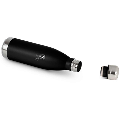 Product image of Vacuum flask bottle shape 0,5L. Part of the Matte Black Collection . Features: • Material: inner body 18/10 stainless steel • Capacity: 0,5 L • Color: black- silver • Packing: half giftbox. (Studio view). Official Berlinger Haus product, boosted by Promintra sl.