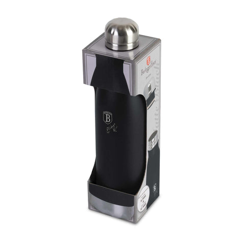Product image of Vacuum flask bottle shape 0,5L. Part of the Matte Black Collection . Features: • Material: inner body 18/10 stainless steel • Capacity: 0,5 L • Color: black- silver • Packing: half giftbox. (Studio view). Official Berlinger Haus product, boosted by Promintra sl.