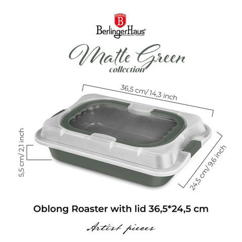 BH/8637, Asador rectangular con tapa, Verde mate, Utensilios para hornear, Asador rectangular a., Asador rectangular, Asador, Hornear, Bandeja para asar
