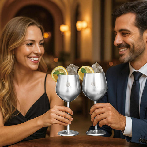  BH/8661, juego de 2 copas de vino de metal, acero inoxidable, juego de 2 copas de vino, juego de copas de vino, copa de metal, vajilla, vidrio