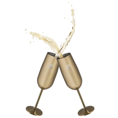 Product image of 2pcs metal champagne glass set. Part of the Sahara Collection/Leonardo Collection . Features: • Material: 18/10 stainless steel • Capacity: 260 ml • 2 pcs set • Color: champagne gold. (Studio view). Official Berlinger Haus product, boosted by Promintra sl.