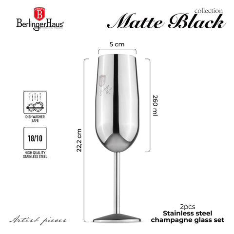BH/8665, juego de 2 copas de champán de metal, acero inoxidable, juego de 2 copas de champán, juego de copas de champán, copa de metal, vajilla, vidrio