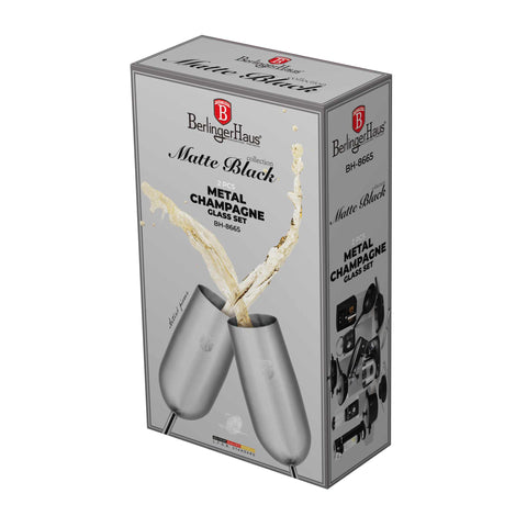 BH/8665, juego de 2 copas de champán de metal, acero inoxidable, juego de 2 copas de champán, juego de copas de champán, copa de metal, vajilla, vidrio